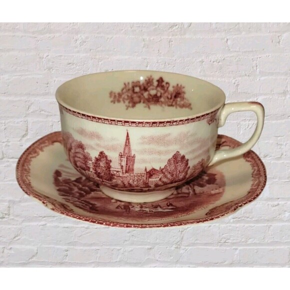 Vtg Johnson Brothers Red Cup & Saucer Old Britain Castles China England Made - Picture 1 of 11